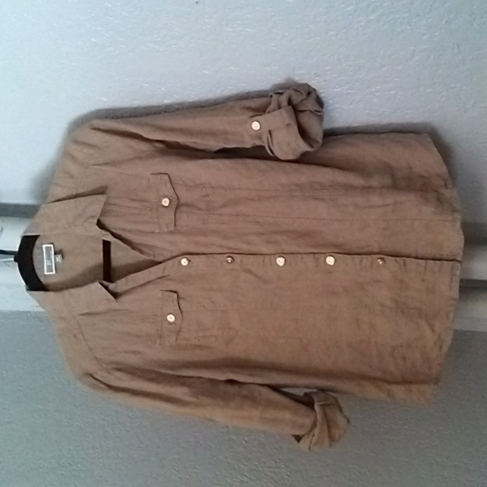 JM Collection Tan Button-Down Linen Shirt